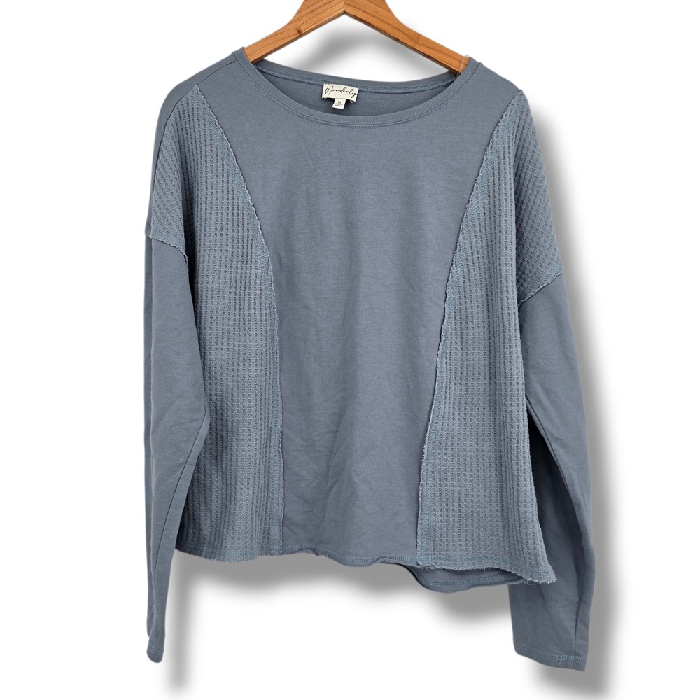 Wonderly Womens Blue Long Sleeve Mixed‎ Media Waffle Knit Panel Top Raw Hem XL